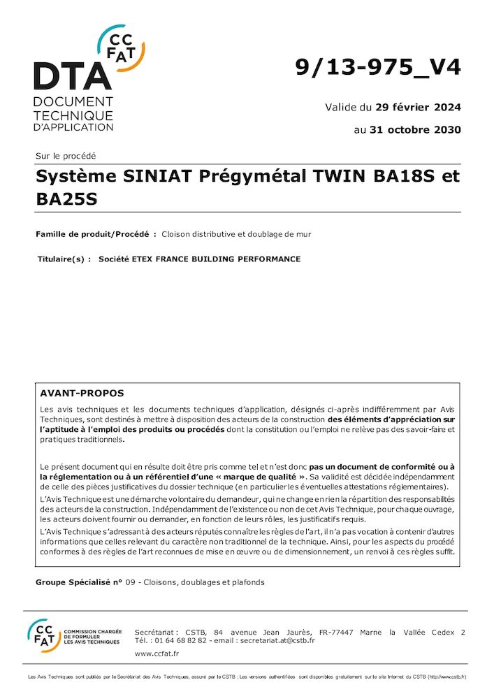 DTA - Cloisons de distribution et de doublage Prégymétal Twin BA18 S et BA25 S - CSTB  9-13-975_v4