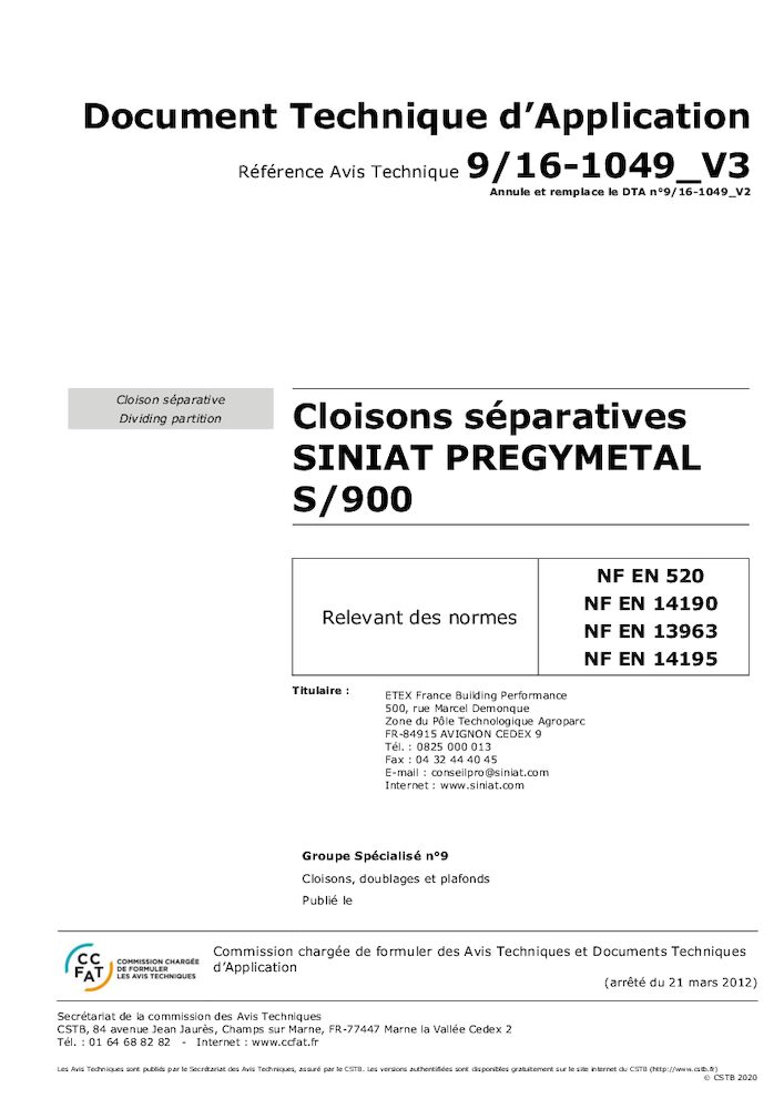 DTA - Cloisons Séparatives Prégymétal Plaques 900 - CSTB 9_16-1049_v3