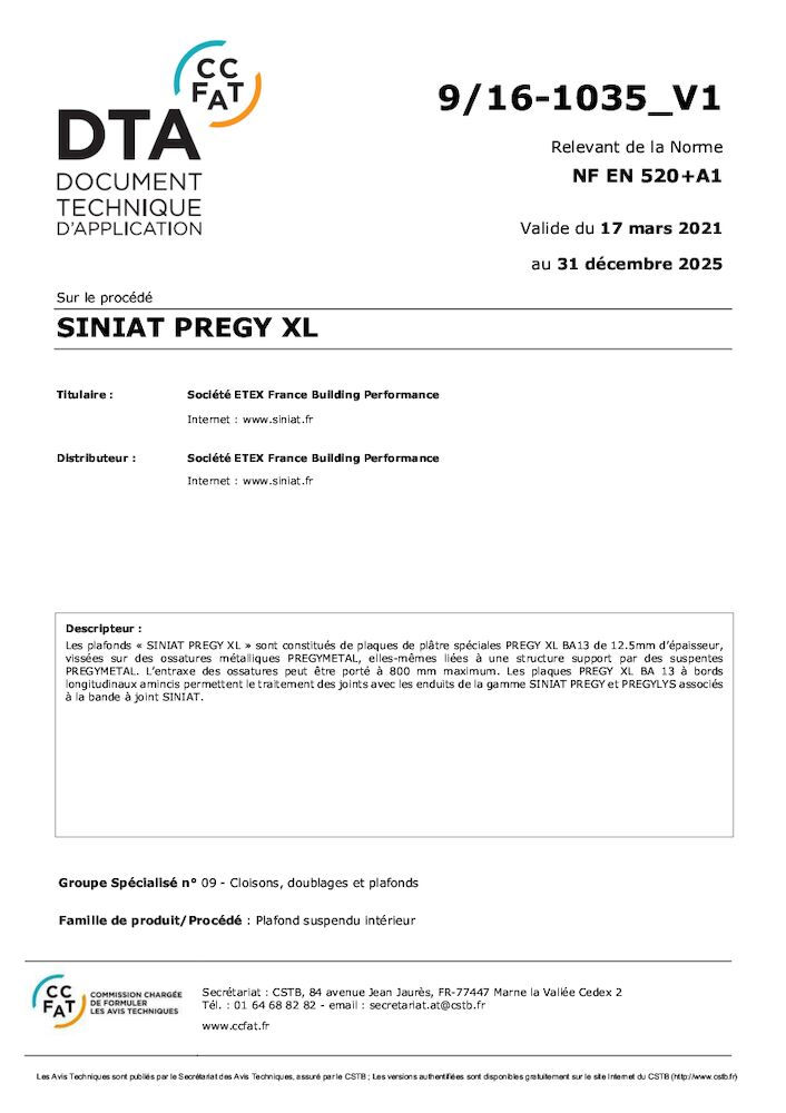 SINIAT - DTA - Plafond Prégy XL - CSTB 9_16-1035_v1