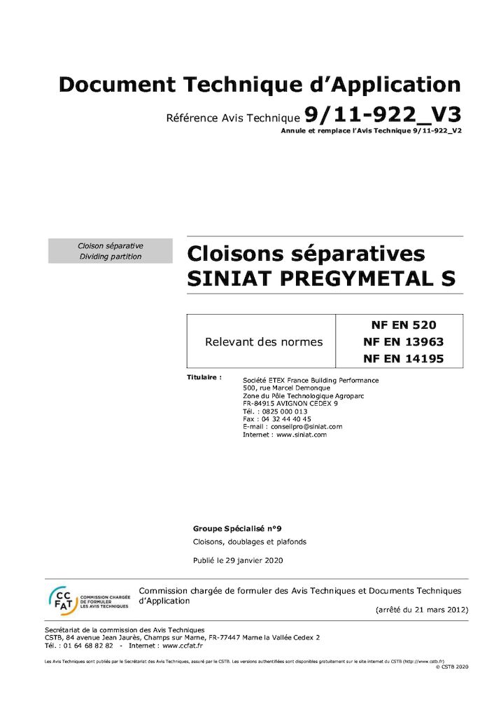 SINIAT - DTA - Cloisons Séparatives Prégymétal S - CSTB 9_11_922_v3
