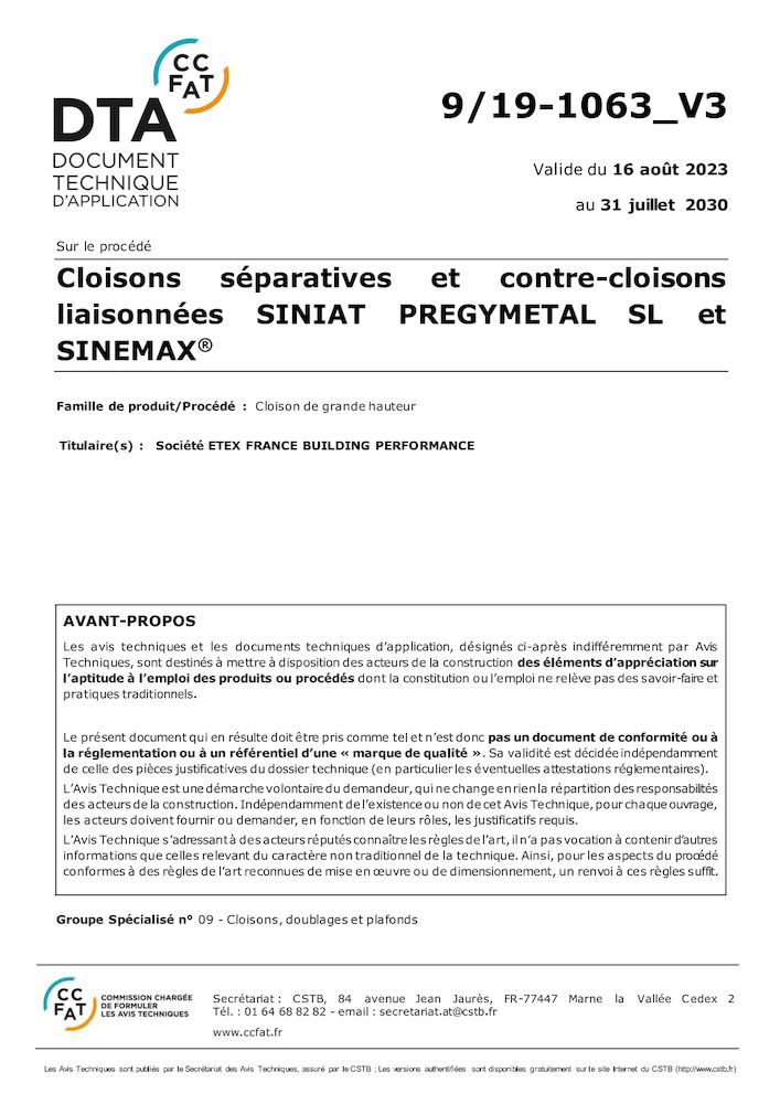 DTA Cloisons séparatives et contre-cloisons Prégymétal SL et Sinémax - 9_19-1063_V2